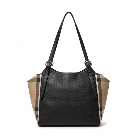 Burberry Handbags - Burberry London Nova Check Black Leather Large Shoulder Tote Bag